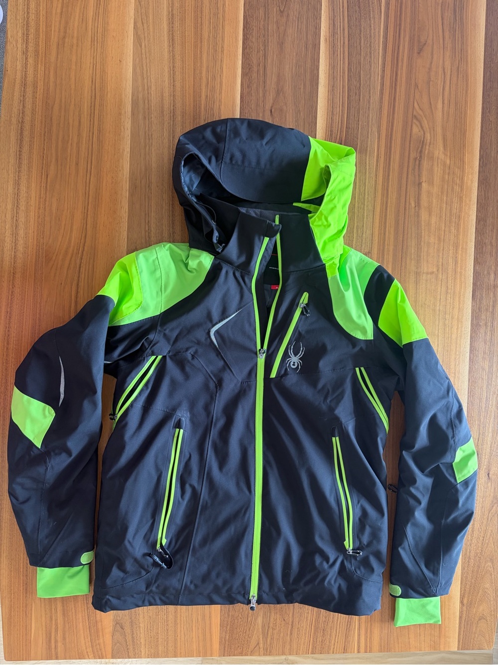 Spyder Black and Neon Green Hooded Ski Jacket